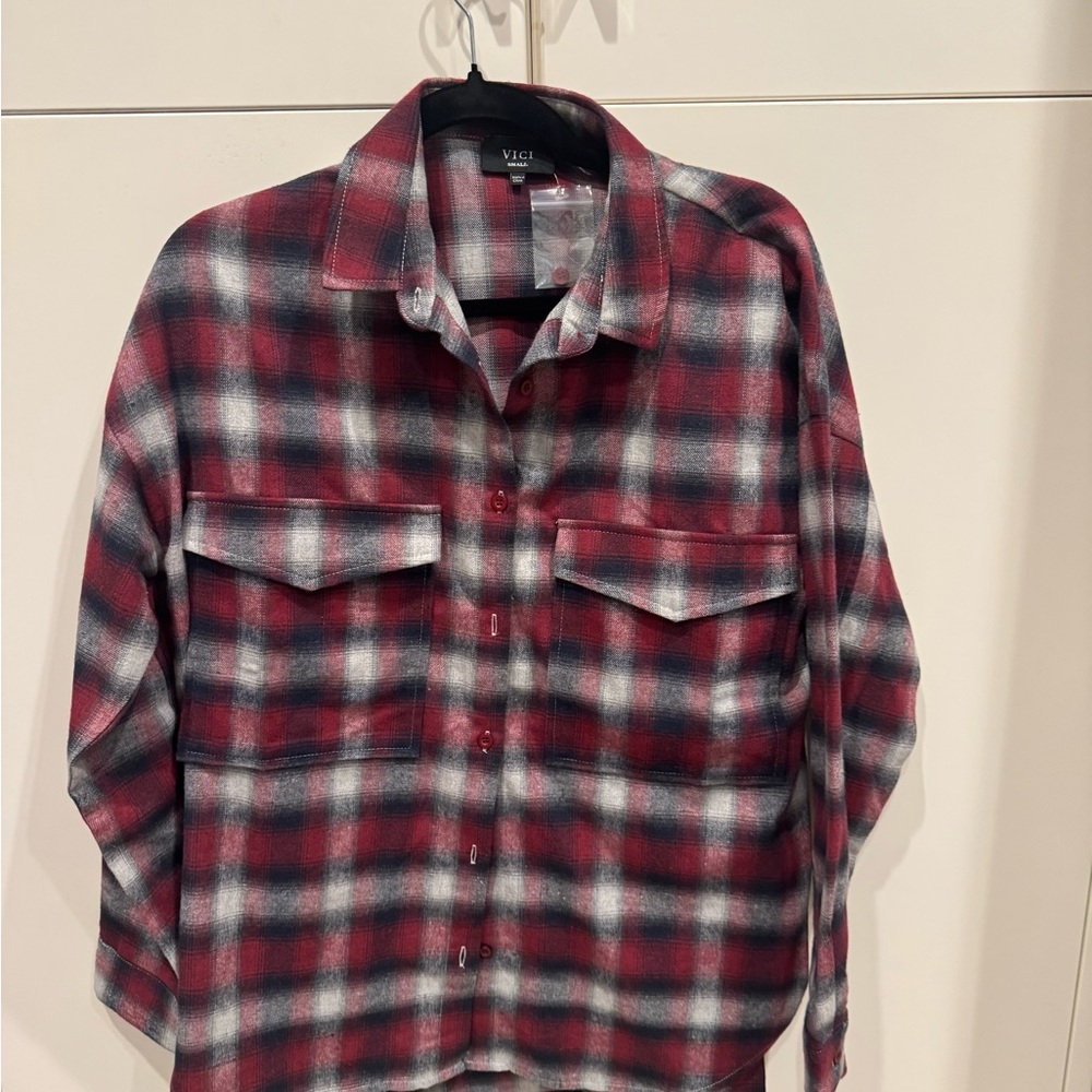 Vici Men's Red and Black Plaid Button Down Shirt